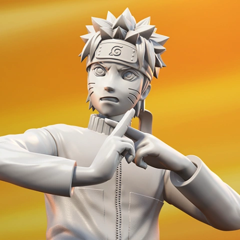3D model of an animated ninja character with spiky hair, iconic headband, and performing a hand gesture.