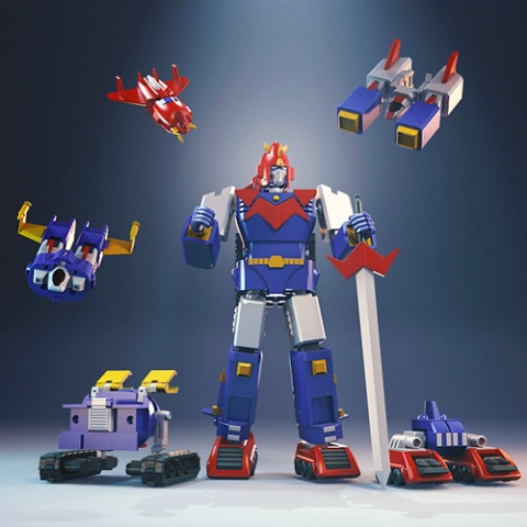 A towering robot with a sword, surrounded by smaller, colorful flying and ground vehicles.