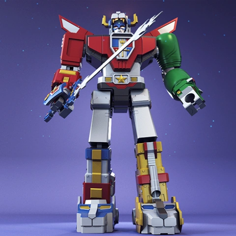 Retro robot with colorful armor and a sword, inspired by 1980s design, stands heroically.