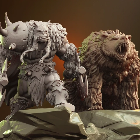 A warrior with a large spiked shield and a roaring bear, both intricately detailed, standing on rocky terrain.