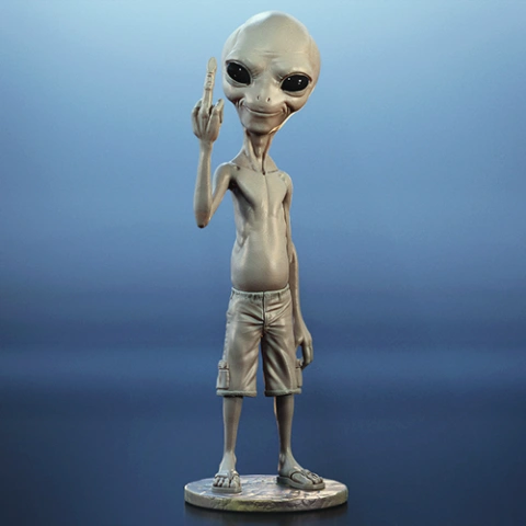 A 3D model of an alien with a large head, slender body, wearing shorts, giving a rude gesture.