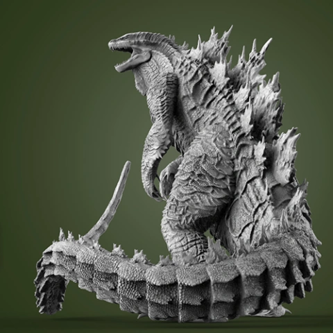 A detailed 3D model of a roaring Godzilla with spiky dorsal plates and a long tail, designed for 3D printing.