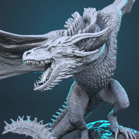 A detailed 3D model of a fierce dragon with outstretched wings and sharp features, ready for 3D printing.