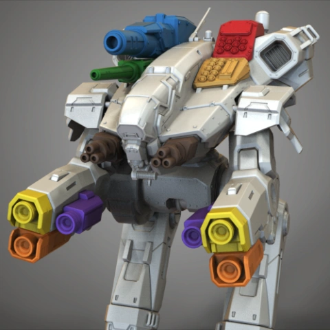 Robotic mech with colorful weaponry and armor details, designed for 3D printing.