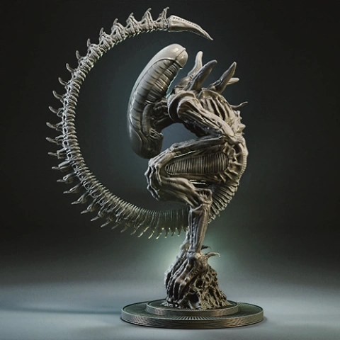 Futuristic xenomorph-like creature in fetal position with detailed skeletal structure on circular base.