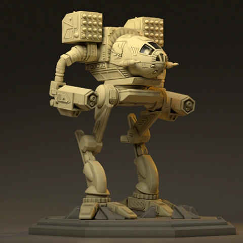 Detailed 3D model of a bipedal mech with missile pods and cockpit, ready for 3D printing.