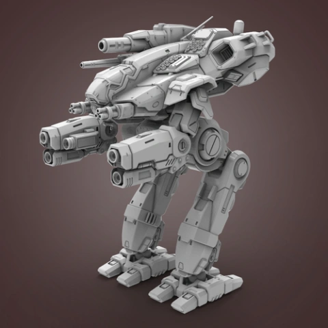 Futuristic robotic mech with large cannons, detailed armor, and sturdy legs on a neutral background.