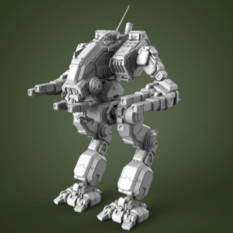 Futuristic bipedal robot model with armor and weaponry, designed for 3D printing.