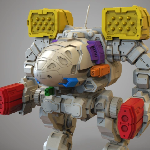A detailed mech robot model with colorful missile pods and heavy armor for 3D printing.