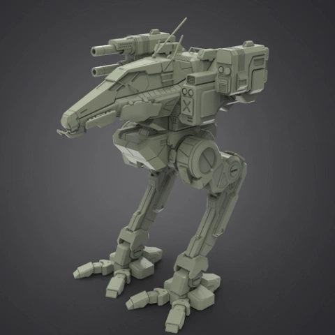 A detailed 3D model of a bipedal mech with weaponry and mechanical limbs, designed for 3D printing.