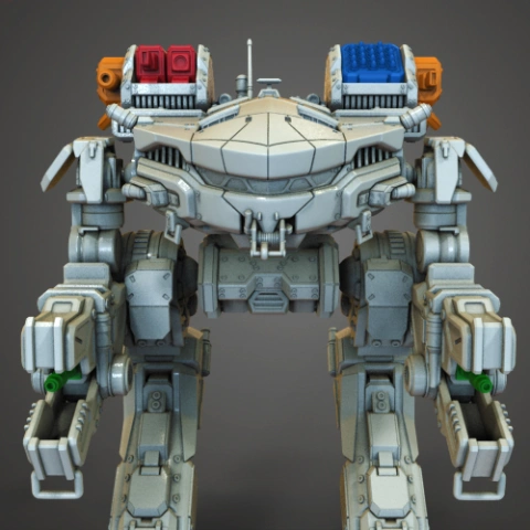 A detailed 3D model of a mech robot with complex weaponry and mechanical features.