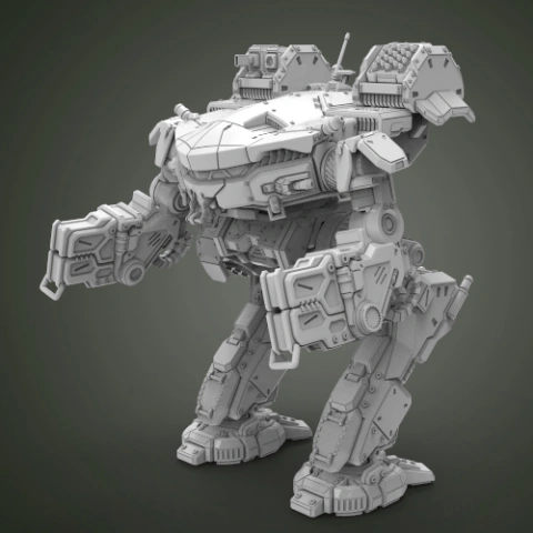 Futuristic, heavily-armored bipedal mech robot with large arms and detailed mechanical components.