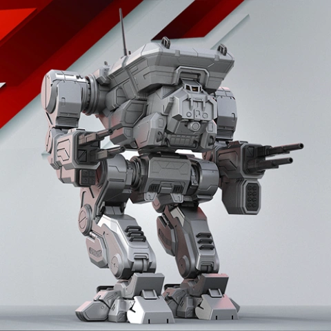 Futuristic armored mech with cannons and intricate detailing, standing in a dynamic pose.