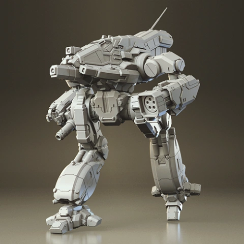 A detailed 3D model of a futuristic, armored mech robot designed for 3D printing.