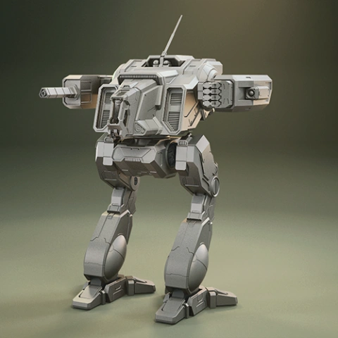 A detailed 3D model of a robotic mech with boxy components and weaponry, designed for 3D printing.