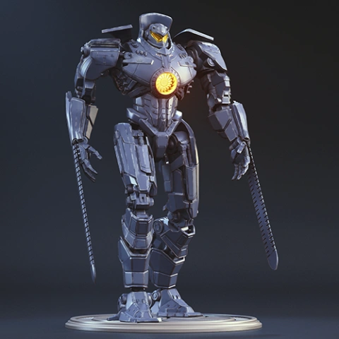 A detailed 3D model of a sleek, armored robot standing on a base, with an illuminated chest feature.