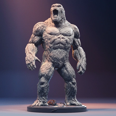 A 3D model of King Kong, standing on a base, with a fierce expression and detailed fur texture.