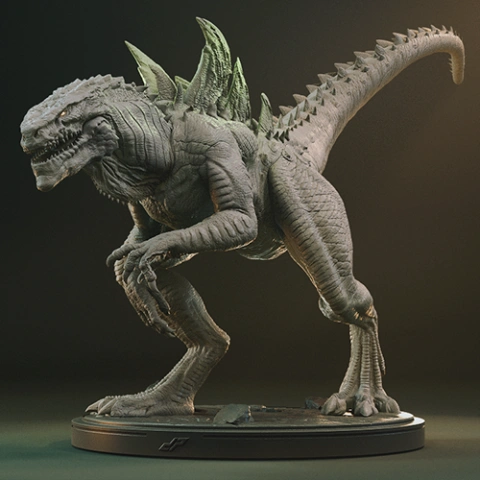 A detailed 3D model of a dinosaur-like creature with spikes, standing on a circular base for printing.