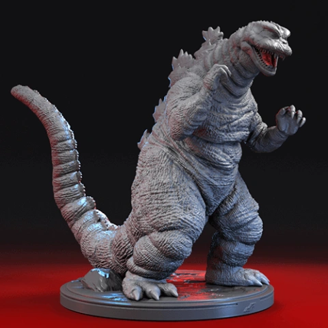 3D model of Godzilla, detailed and posed for display, with textured skin and iconic dorsal spikes on a base.