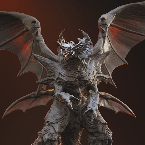 A detailed 3D model of a dragon-like creature with large wings, sharp claws, and menacing features.
