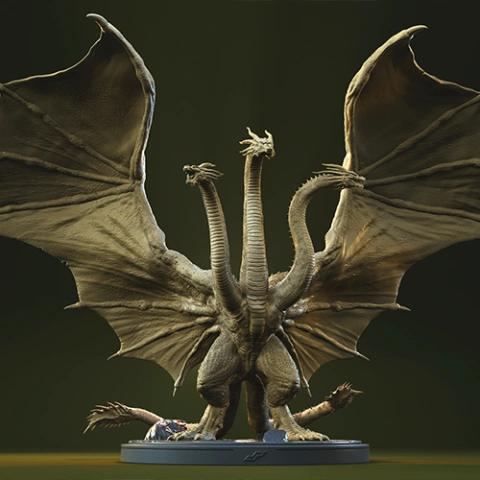 A three-headed dragon with large wings and a serpentine tail stands on a circular base.
