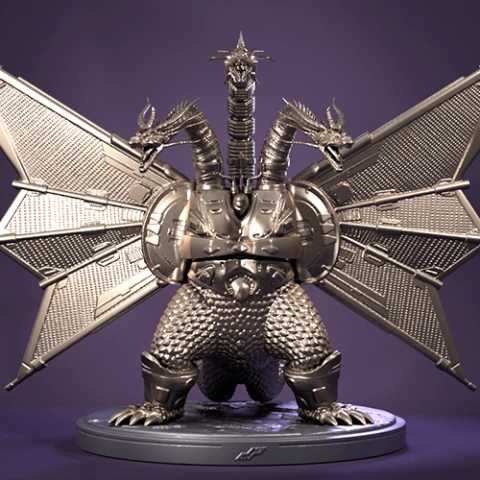 Three-headed mech dragon with large wings on a base, designed for 3D printing.