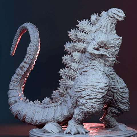 A detailed 3D model of Shin Godzilla, showcasing its textured skin and spiky dorsal plates on a base.
