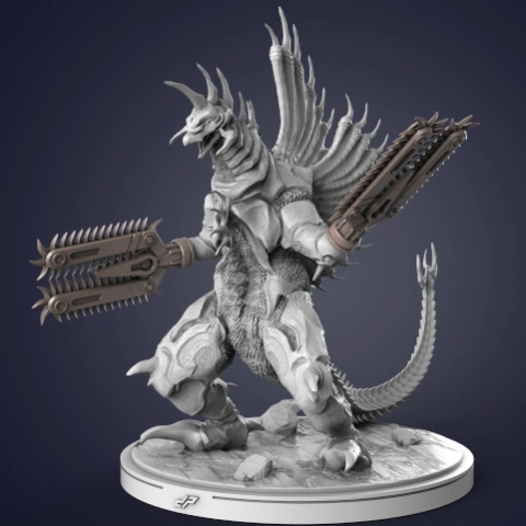 A detailed Gigan 3D model with spiked crests and chainsaw arms on a textured base.
