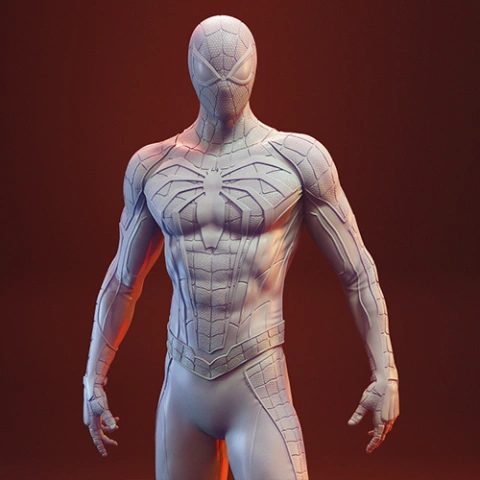 3D model of a superhero in a textured, web-patterned suit posed confidently for printing.
