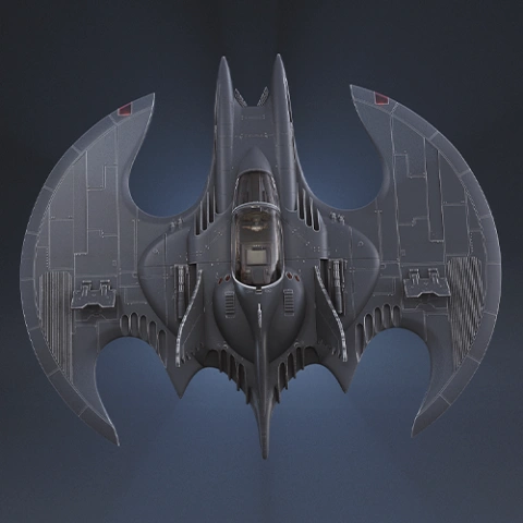 Futuristic aircraft with a bat-like wing design and sleek cockpit, viewed from above.