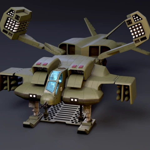 Futuristic military dropship with dual rotors, missile pods, and landing gear, ready for 3D printing.