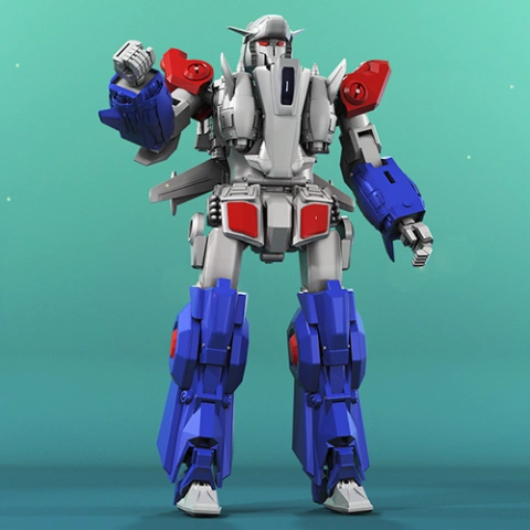 A detailed 3D model of a humanoid robot with blue, red, and white armor, standing in a dynamic pose.