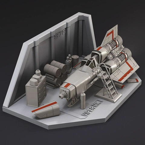 A detailed 3D model of a spacecraft in a hangar with barrels and equipment, labeled 'Viper MKII.'