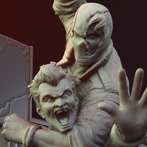 Two detailed 3D figures in a dynamic pose, one restraining the other with a dramatic expression.