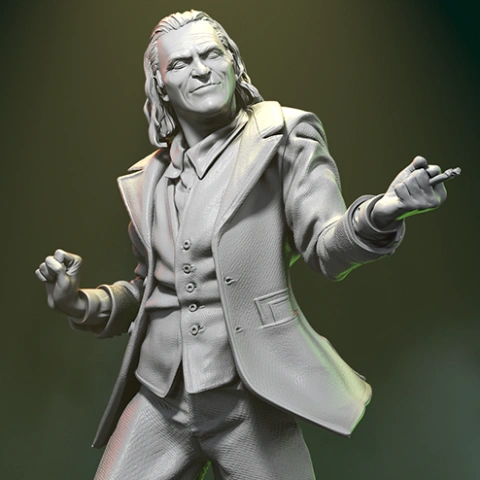 A 3D model of a grinning man in a suit, holding a cigarette with an expressive pose.