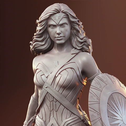 A detailed 3D model of a warrior woman with armor, shield, and long flowing hair.