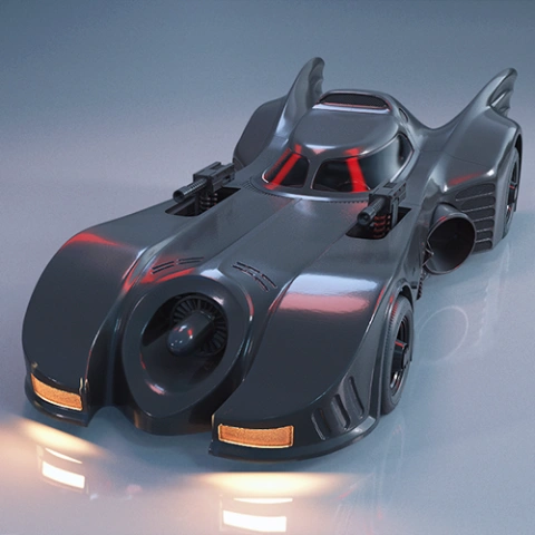 Sleek black Batmobile model with aerodynamic design for 3D printing, inspired by the 1989 version.
