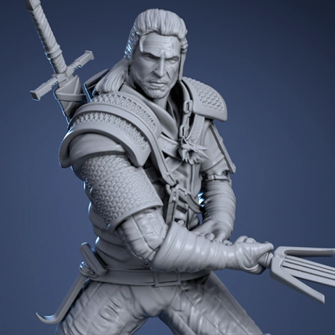 A detailed 3D model of a warrior with armor, holding a sword, ready for 3D printing.