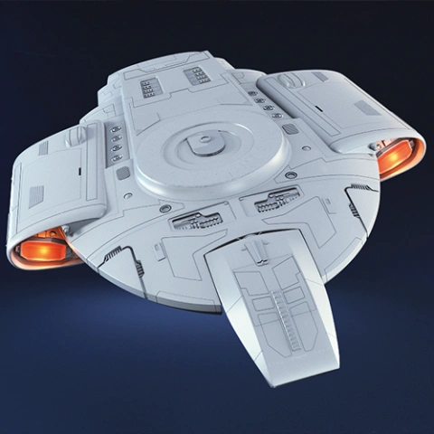 A detailed 3D model of the USS Defiant starship, showcasing its compact and sleek design for printing.