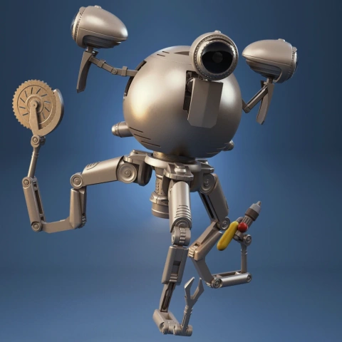 Retro-futuristic spherical robot with multiple arms and camera eye, designed for 3D printing.