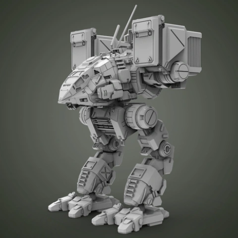 Futuristic battle mech robot with missile launchers, detailed mechanical design for 3D printing.