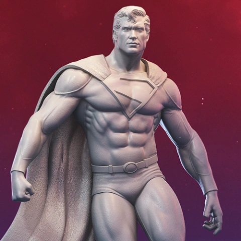 A detailed 3D model of a muscular superhero with a cape, in a classic pose.