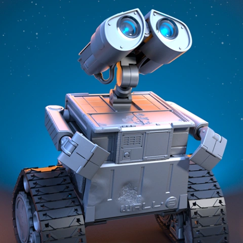 Cute robotic model with binocular eyes and tank treads, reminiscent of a popular animated character.
