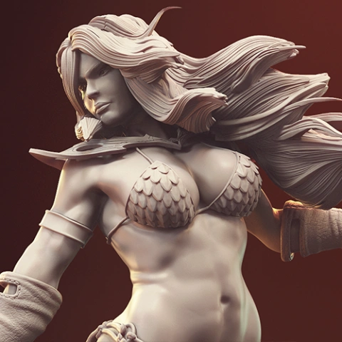 A detailed 3D model of a warrior woman with flowing hair and armor, posed dynamically for printing.