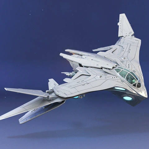A sleek, futuristic spaceship model with angular wings and a streamlined design.
