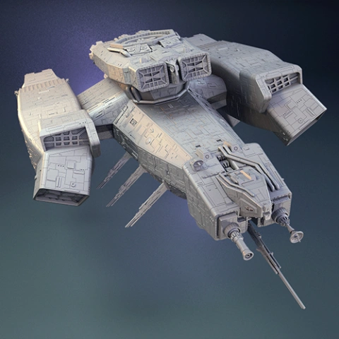 Futuristic spacecraft model with intricate details and symmetrical design, suitable for 3D printing.