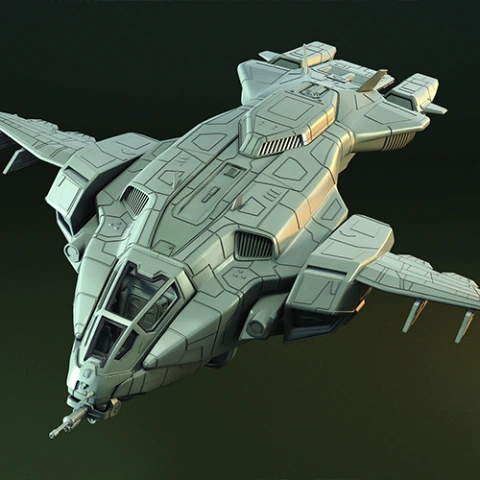 A detailed 3D model of a futuristic spacecraft with angular design and prominent wings.