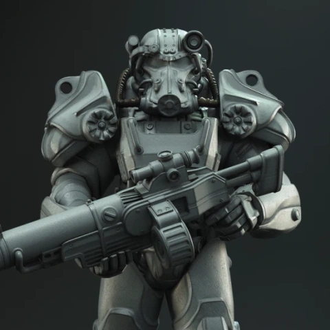 Armored figure with a detailed helmet and shoulder pads, holding a large weapon, ready for 3D printing.