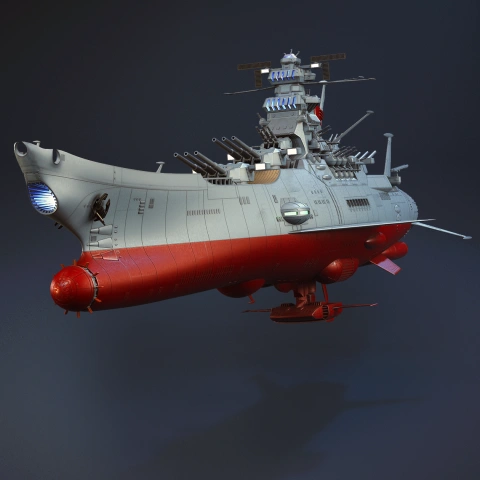 Futuristic battleship model with turrets, antennas, and thrusters, ready for 3D printing.