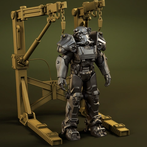 T-60 Power Armor in a futuristic mech suit repair bay, ready for 3D printing.